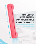 Portable pink 3 Hole Punch For Papers And Binders with 10-inch ruler, removable chip tray, shown at angle with specifications