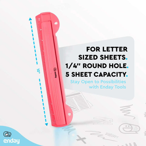 Portable pink 3 Hole Punch For Papers And Binders with 10-inch ruler, removable chip tray, shown at angle with specifications
