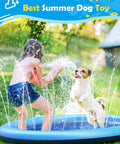 Child and dog playing on Splash Pad For Dogs And Kids, Anti Slip Dog Pool For Large Dogs, 0.58mm Thickened Durable Outdoor Water Play Mat, Summer Sprinkler Toy For Backyard, 67 Inch, Blue in a backyard.