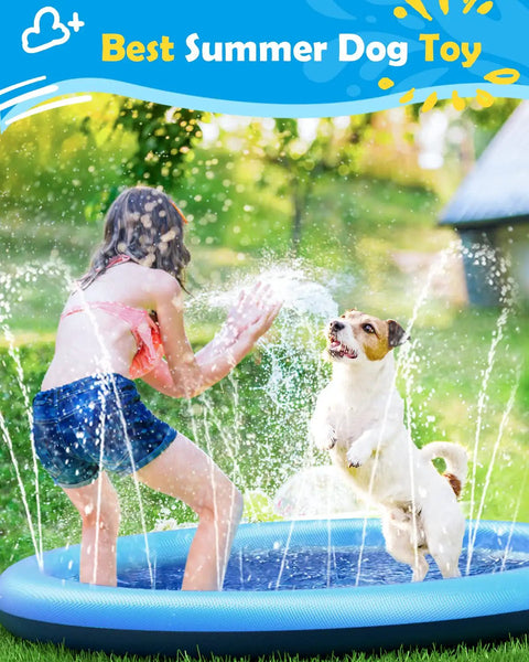 Child and dog playing on Splash Pad For Dogs And Kids, Anti Slip Dog Pool For Large Dogs, 0.58mm Thickened Durable Outdoor Water Play Mat, Summer Sprinkler Toy For Backyard, 67 Inch, Blue in a backyard.