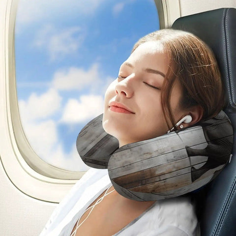 Woman napping on plane using Elephant On Wood Travel Pillow With Memory Foam Neck Support U Shape Portable Neck Pillow For Planes Trains Cars Relieve Fatigue During Flights And Road Trips Comfy Napping Cushion For Office.
