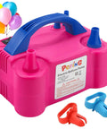 Electric Balloon Pump Inflator, Portable Balloon Blower with Dual Nozzles and Tie Tool, shown in vibrant pink color.