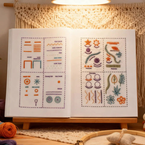 Embroidery Stitch Book Kit With 106 Patterns open on wooden stand, displaying colorful stitch diagrams for beginners and enthusiasts.