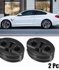 Heavy Duty 2 Or 4 Pack 13mm Muffler Exhaust Hanger Bushing Set With Dual Hole Rubber Mount Bracket And Tailpipe Support Insulator For Quick Swap Installation On Any Rides. 2-piece black EPDM rubber exhaust hanger set beside coupe