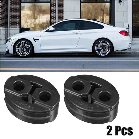 Heavy Duty 2 Or 4 Pack 13mm Muffler Exhaust Hanger Bushing Set With Dual Hole Rubber Mount Bracket And Tailpipe Support Insulator For Quick Swap Installation On Any Rides. 2-piece black EPDM rubber exhaust hanger set beside coupe