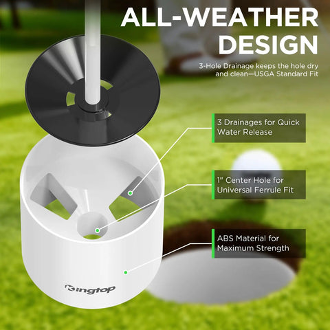Golf Hole Cup Set 4 Inch Tall, PGA USGA Standard, 6 Pack, showing drainage system and ABS material on grass