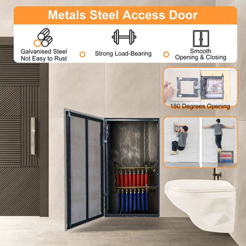 Beefy Metal Access Panel Featuring A Slick Pop Open Mechanism For Tile Walls And Ceilings Super Waterproof Indoor Outdoor Plumbing Hole Cover, showcasing opened panel with plumbing access.