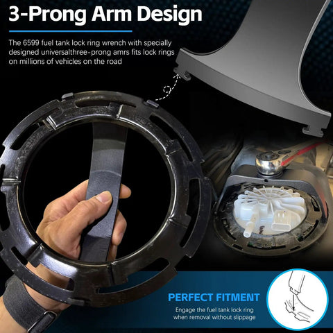 3-prong arm design of the Go-To Fuel Tank Seal And Lock Ring Tool Kit For GM Chevy Ford Chrysler Dodge Jeep Vehicles With 6599 wrench