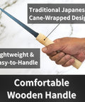 Hand gripping a lightweight 4 3/4 inch Zero Hassle Japanese Pull Saw Keyhole Blade with traditional cane-wrapped grip.