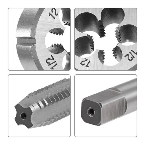 Close-up of One Half Inch 12 BSW Tap And Die Set Right Hand Thread Round Die 4 Flutes HSS Taper Pro Grade