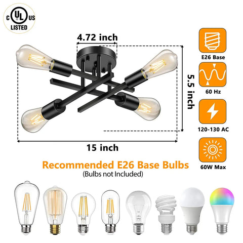 Industrial Dope 4 Light Flush Mount Ceiling Fixture In Black with E26 base, dimensions, and bulb compatibility details shown