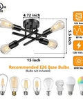 Industrial 6 Light Semi Flush Mount Ceiling Light Fixture In Matte Black with bulb recommendations and dimensions