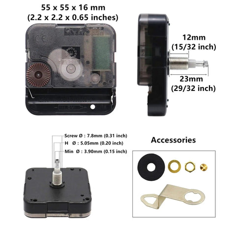 Beefy High Torque Clock Movement Kit With Long Shaft And 12 Inch Spade Hands, Two Hooks Included, ideal for thick panels, shown with dimensions