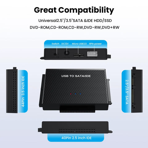 Hard Drive Reader USB 3.0 To SATA IDE Adapter Kit For Universal 2.5 Or 3.5 HDD SSD with 4-pin power and USB ports