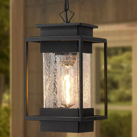 Outdoor Indoor Pendant Light For Front Porch And Entryway, 11.4 Inch Dope Modern Exterior Ceiling Chandelier, Weatherproof Aluminum With Crack Glass Shade, Ideal For Foyer, Patio Or Garage