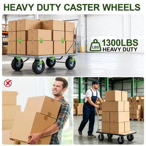 Heavy Duty 10 Inch Pneumatic Caster Wheels Set Of 4 With 2 Swivel And 2 Rigid Hubs supporting 1300 lbs on utility cart with boxes.