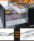 Drawer with 18 Inch Drawer Slides 4 Pair Soft Close Full Extension Side Mount Cabinet Rails and plates inside, showcasing easy detachment.