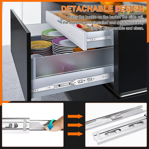 Drawer with 18 Inch Drawer Slides 4 Pair Soft Close Full Extension Side Mount Cabinet Rails and plates inside, showcasing easy detachment.