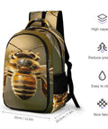 Striped Furry Bee Printed Unisex Backpack With Large Capacity, durable polyester material, showing visible dimensions and features.