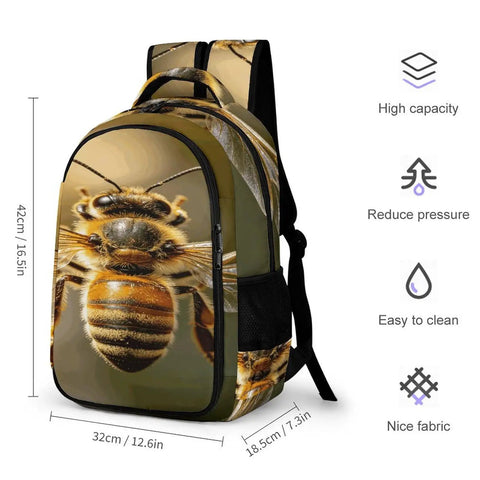 Striped Furry Bee Printed Unisex Backpack With Large Capacity, durable polyester material, showing visible dimensions and features.