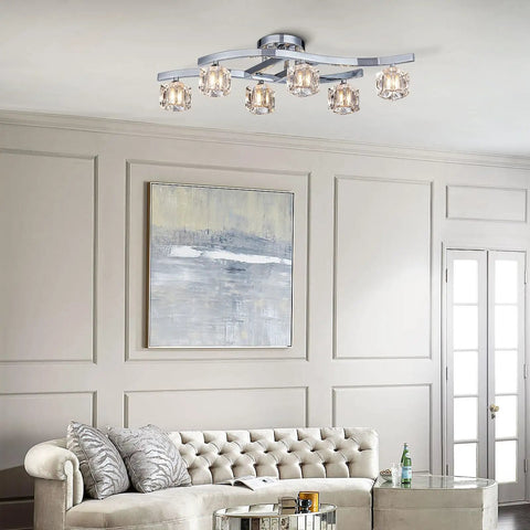 Modern Elegant Glass Crystal Ceiling Chandelier Six Light Chrome Flush Mount Lighting Fixture For Living Room And Hallway