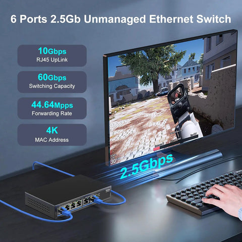 6-Port 10G and 2.5G Ethernet Switch With Dual 10GBASE-T Ports for desktop gaming setup
