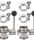 Two 1.5 in stainless butterfly valves with pull handles, front view, four tri-clamp fittings with silicone gaskets.