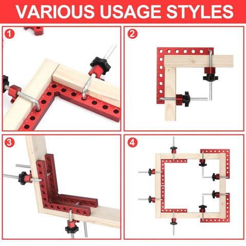 Four Pack 5.5 Inch Corner Clamps for Woodworking, 90 Degree Right Angle Clamps with Aluminum Alloy Positioning Squares, in use.
