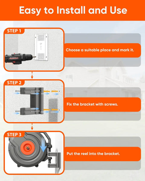 Diagram of installation steps for Retractable Garden Hose Reel With One Hundred Thirty Feet Of Reach Automatic Rewind Lock At Any Length Nine Pattern Nozzle One Hundred Eighty Degree Swivel Wall Mounted For Home Yards And Large Backyards Keeps Your Space Neat And Tidy