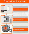 Installation steps for 90 Foot Retractable Garden Hose Reel With Automatic Rewind, showing wall mount and bracket fitting.