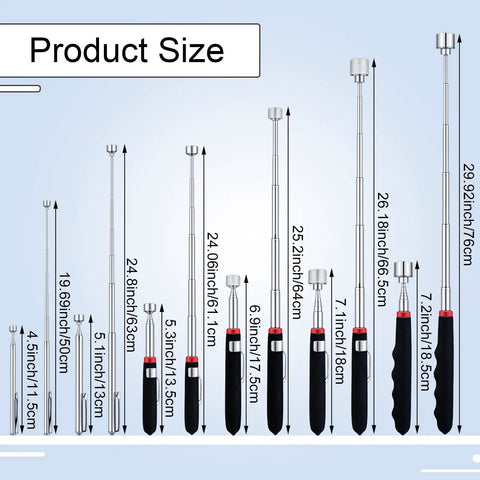 Six Piece Telescoping Magnetic Pickup Tool Set With Extendable Magnetic Sticks, varying sizes, labeled product dimensions