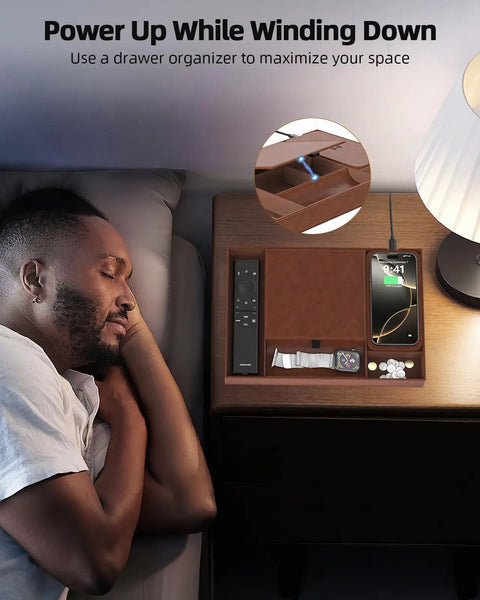 Nightstand with Leather Wireless Charging Valet Tray for Men, EDC Nightstand Organizer, holding phone, watch, and keys next to a lamp.