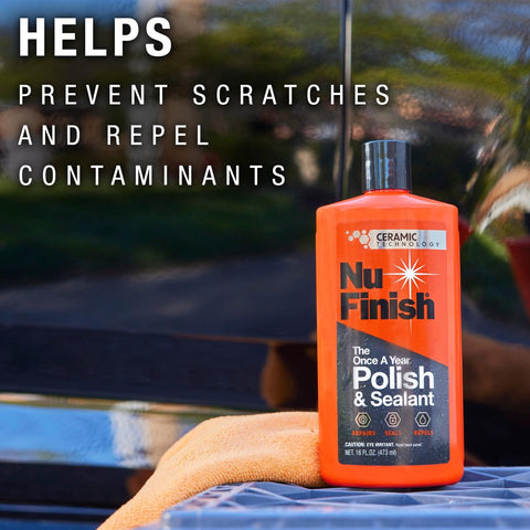 No-Fuss One Year Polish And Sealant For Cars With 3-In-1 Ceramic Technology To Repair Scratches, Seal And Restore Shine in 16 oz bottle.