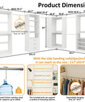 Straight Up Modular Closet Organizer System In Crisp White Featuring Nine Hanging Rods Eight Shelves Three Deep Drawers And A Smart Corner Module That Gives Your Walk In Or Standalone Setup A Totally Fresh Look Right Now with dimensions and features displayed.
