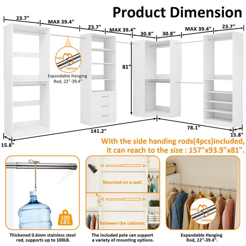 Straight Up Modular Closet Organizer System In Crisp White Featuring Nine Hanging Rods Eight Shelves Three Deep Drawers And A Smart Corner Module That Gives Your Walk In Or Standalone Setup A Totally Fresh Look Right Now with dimensions and features displayed.