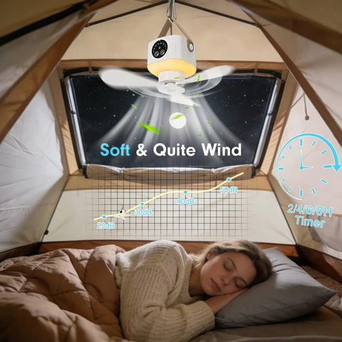 Portable Tent Fan With Built In Lights And Remote USB Rechargeable Camping Fan Wireless Tent Fan With 4 Speeds And Timer in use