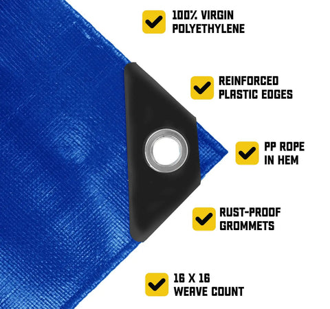 Beefy Heavy Duty 20 Mil Tarp Cover Waterproof UV Resistant Rip And Tear Proof Poly Tarpaulin with reinforced edges detail