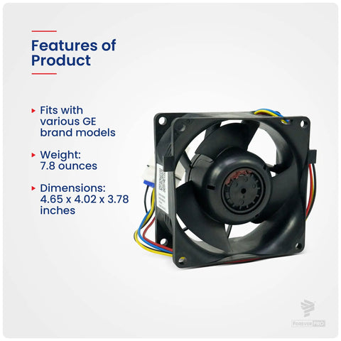 DIY Friendly Evaporator Fan Motor Replacement for GE Refrigerator WR60X26866 with product dimensions and features