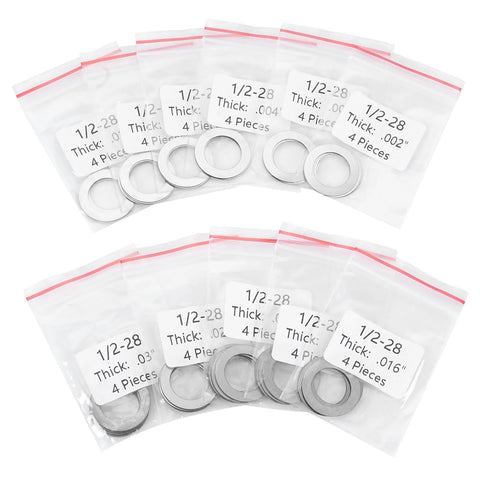 1/2-28 barrel shim kit with metal spacers for muzzle brake alignment; 44 pieces in labeled resealable bags (11 thicknesses)