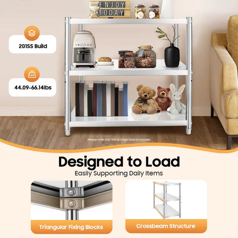 3 Tier Stainless Steel Storage Rack Built Rugged And Hella Solid Vertical Organizer For Kitchen Pantry Garage Waterproof Heavy Duty Multi Tier Utility Shelf 31.5 Inches with coffee maker and jars.