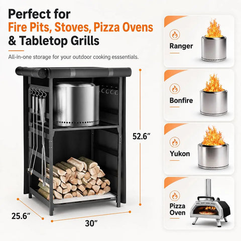 Fire Pit Storage Station For Solo Stove And Other Fire Pits With Heavy Duty Steel Frame And Waterproof Cover Wood Storage