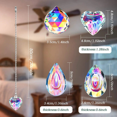 Rainbow Crystal Ceiling Fan Pull Chain Set, 4 Piece 20 Inch Length Alloy Bead Chains With Ball Connectors, Sparkling Longan Water Drop Heart And Round Crystal Drops For Lit Home Decor And Easy Light Switch Access