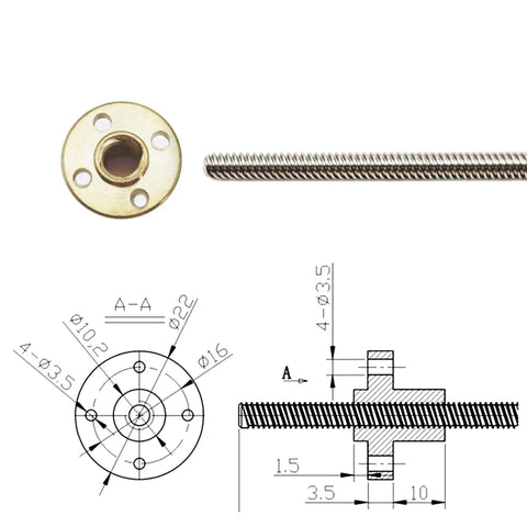 Heavy Duty Tr8X8 Lead Screw Plus T8 Brass Nut Bundle For Ender 3 3D Printer Z Axis with dimension drawings and components.