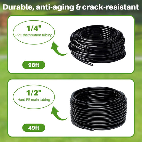 Easy Setup Automatic Drip Irrigation Kit With Quick Connect Tubing For Gardens And Greenhouses Includes 98 Ft 1 Quarter Inch And 49 Ft 1 Half Inch Tubing 15 Drip Heads And 15 Sprinklers All In One Watering System For Yard Lawn And Raised Beds