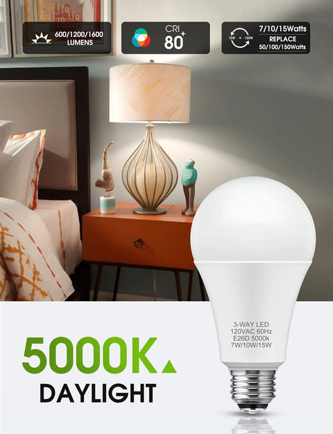 Three Way LED Light Bulbs 50 100 150W Equivalent, Daylight White 5000K A19 LED Bulbs displayed in a lamp setting