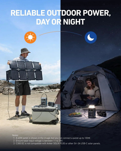 SOLIX C300 DC Power Bank Station with 60W Solar Panel in use outdoors day and night, for camping and emergencies.