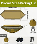 Diagram of 3 In 1 Camping Hammock Tent With Mosquito Net And Rainfly, Waterproof Lightweight, includes size and packing list