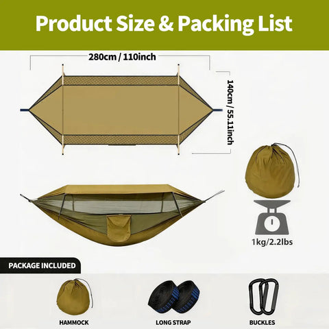 Diagram of 3 In 1 Camping Hammock Tent With Mosquito Net And Rainfly, Waterproof Lightweight, includes size and packing list