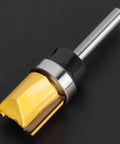 Top Notch 6mm Shank Flush Trim Router Bit Made From Tough Carbon Steel, showcasing sharp edge for woodworking tasks.