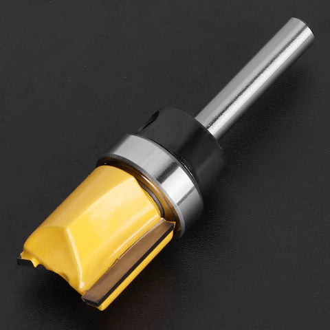 Top Notch 6mm Shank Flush Trim Router Bit Made From Tough Carbon Steel, showcasing sharp edge for woodworking tasks.